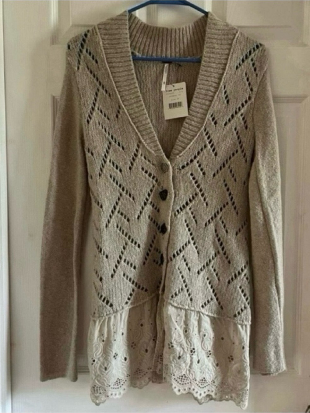 Free people carbon gray pointelle eyelet trim boho lace y2k vintage cardigan